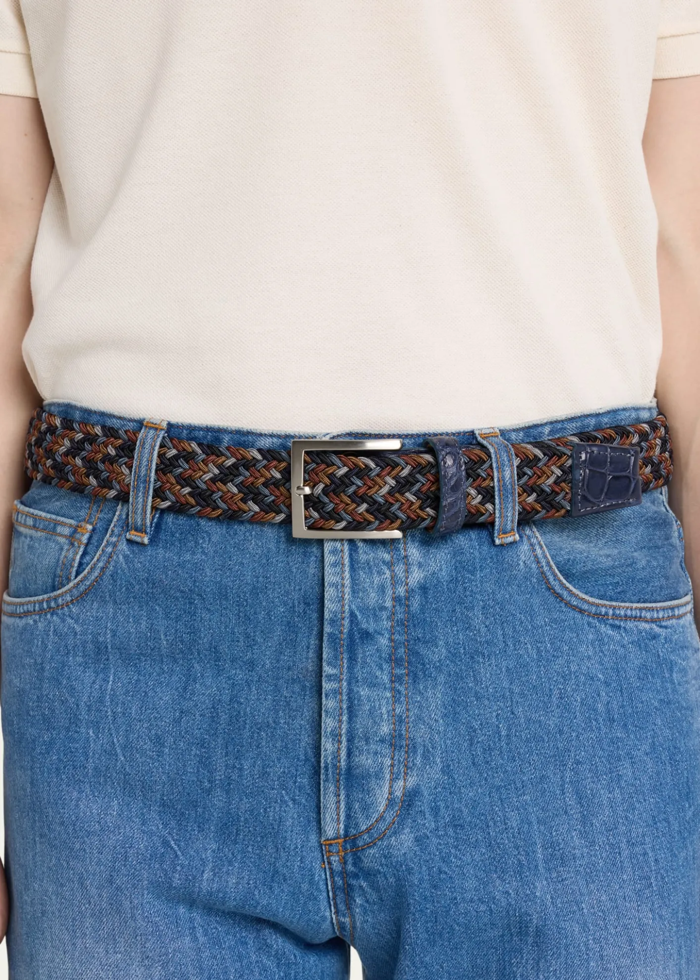 W. KleinbergMen's Stretch Woven Belt with Alligator Trim