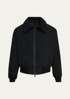 Yohji YamamotoMen's Wool Gabardine Flight Jacket with Removable Faux Fur Collar