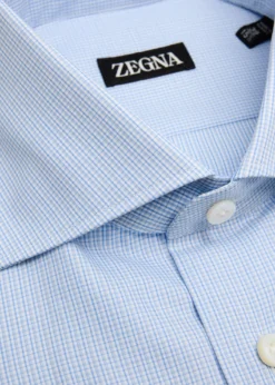 ZEGNAMen's Cotton Micro-Check Spread Collar Dress Shirt