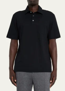 ZEGNAMen's Cotton Polo Shirt with Leather-Trim Pocket