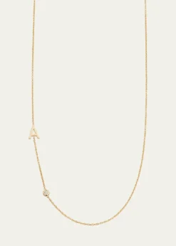 Zoe Lev Jewelry14K Gold Asymmetrical Initial and Bezel Diamond Necklace, 16-18"L