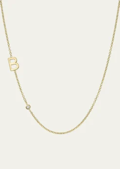 Zoe Lev Jewelry14K Gold Asymmetrical Initial and Bezel Diamond Necklace, 16-18"L