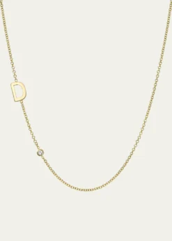 Zoe Lev Jewelry14k Gold Asymmetrical Initial and Bezel Diamond Necklace