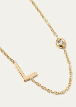 Zoe Lev Jewelry14K Gold Asymmetrical Initial and Bezel Diamond Necklace, 16-18"L