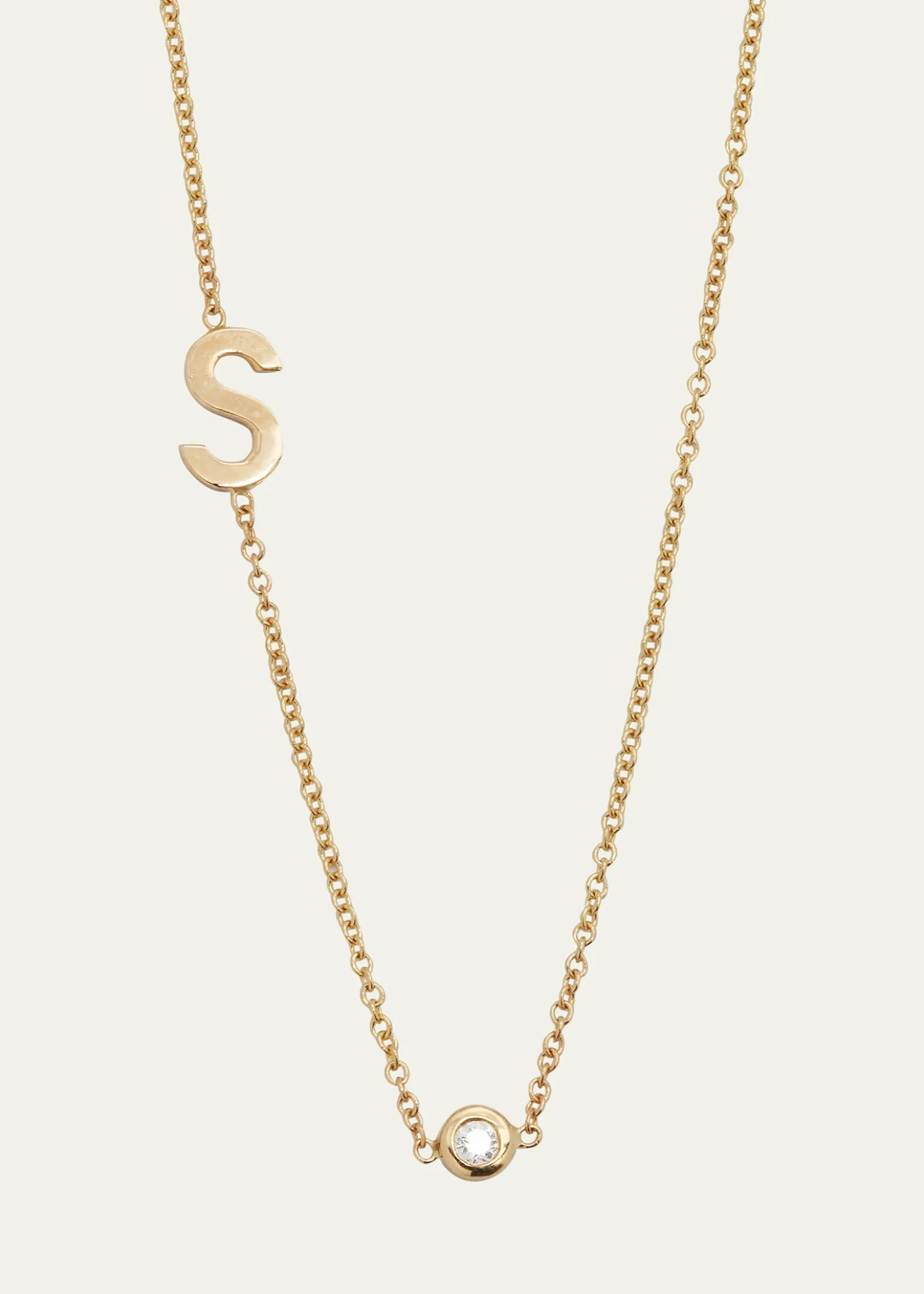 Zoe Lev Jewelry14k Gold Asymmetrical Initial and Bezel Diamond Necklace