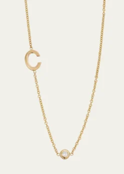 Zoe Lev Jewelry14K Gold Asymmetrical Initial and Bezel Diamond Necklace, 16-18